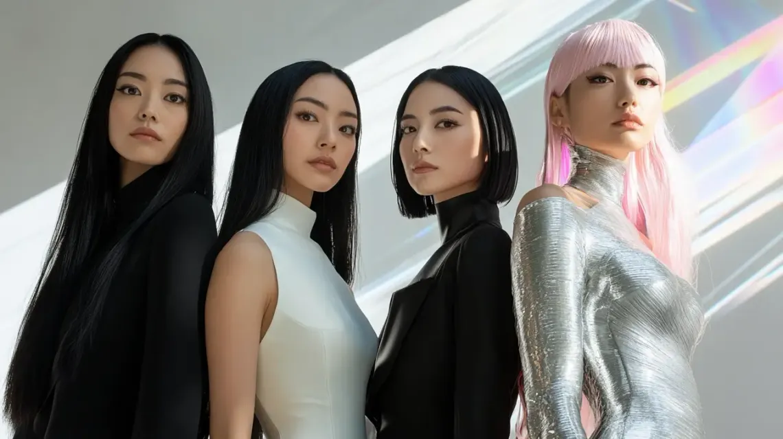 Four Japanese women standing side by side looking in the same direction.