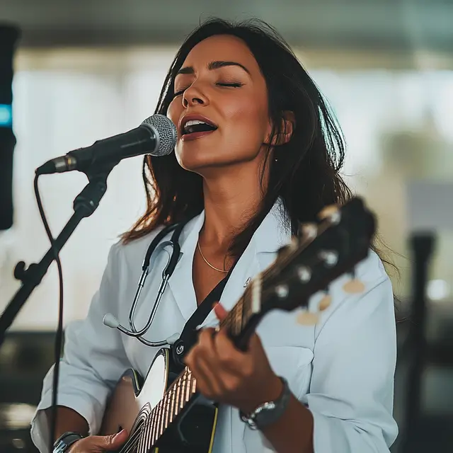 Female doctor singing into the camera.