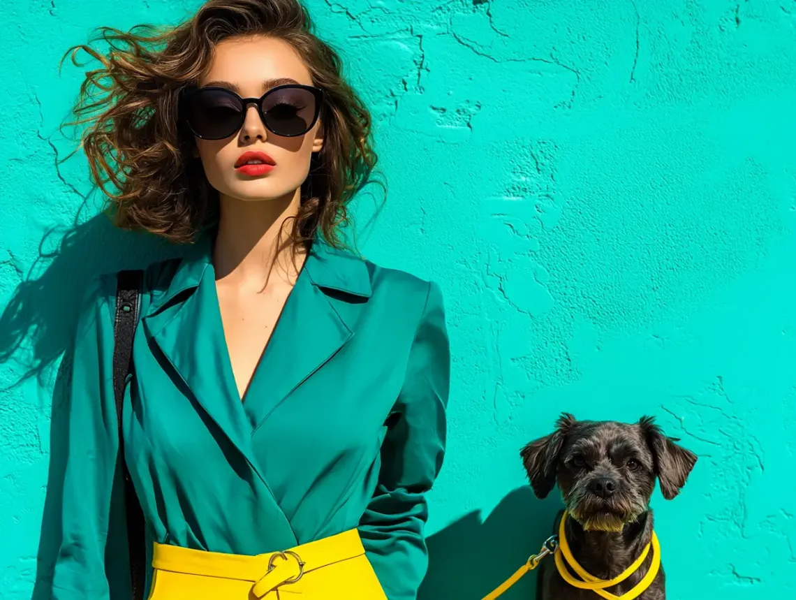 Woman in green shirt and yellow pants standing outdoors with a dog in a friendly interaction.