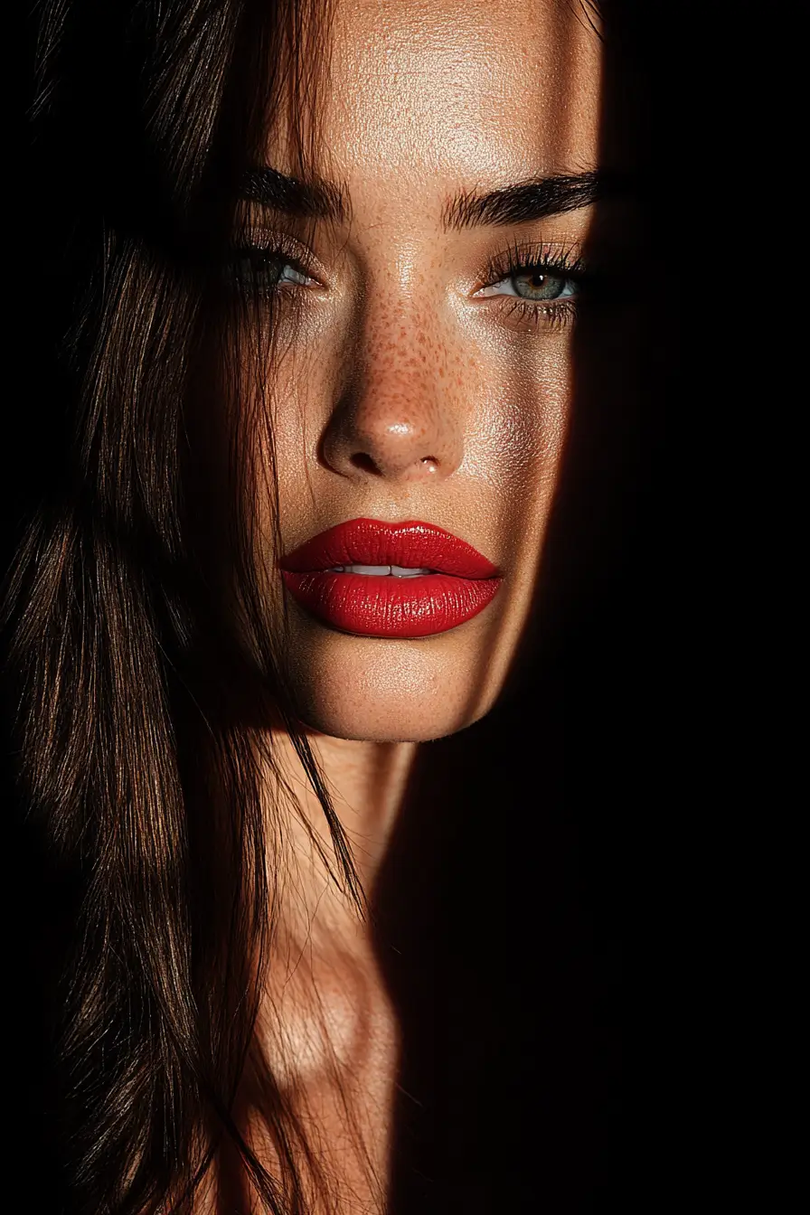 Freckle-haired woman with red lipstick in a focused spotlight, with a blurred background.