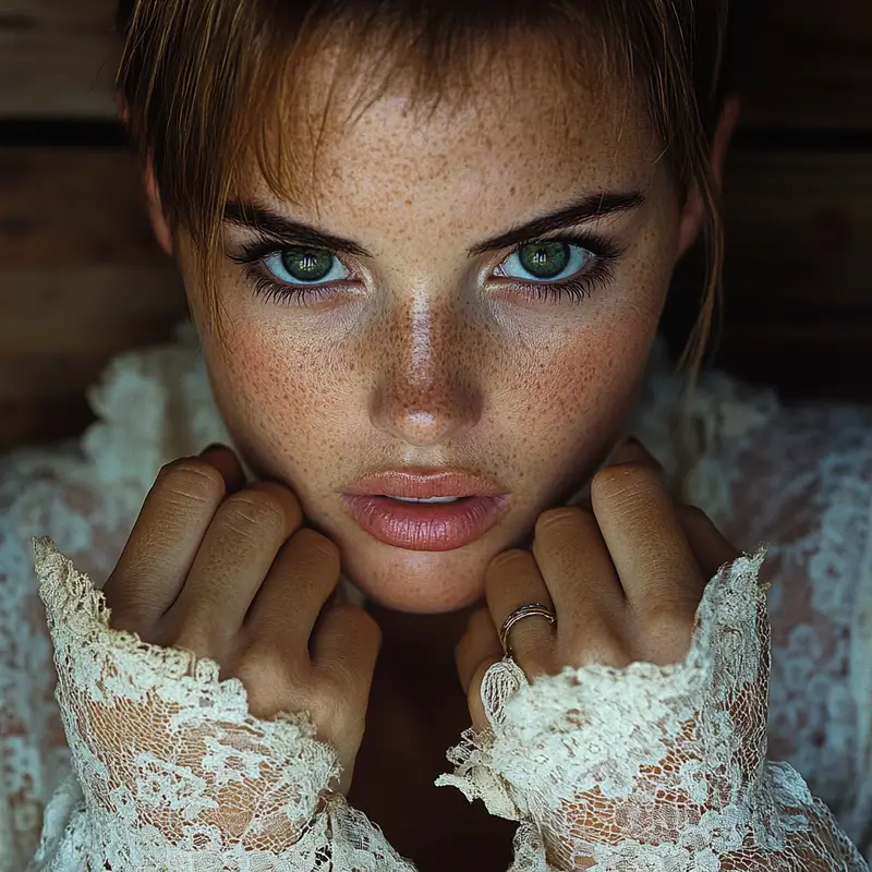 Half-length portrait of a beautiful young woman.