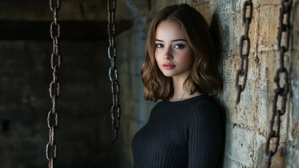 Woman leaning casually on wall decorated with chains, creating a mystery and industrial vibe.