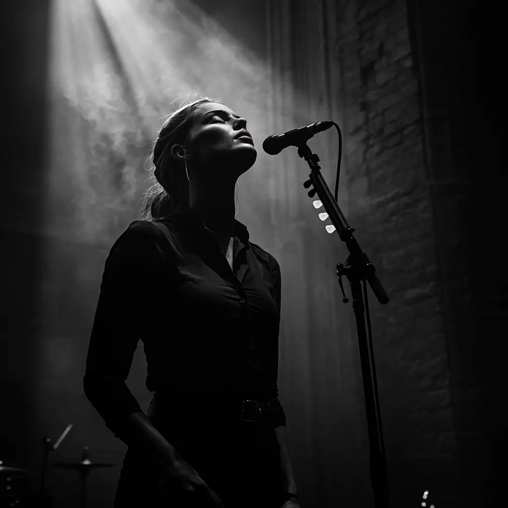 Woman passionately singing into microphone in dimly lit room, spotlight illuminating her face.