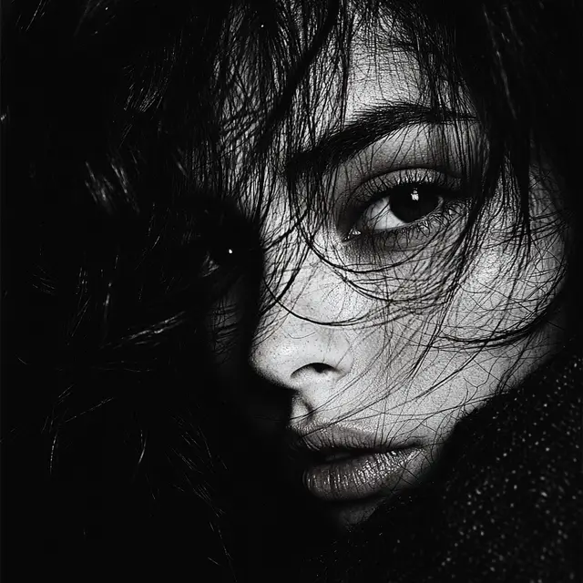 Dramatic black and white portrait of a woman.