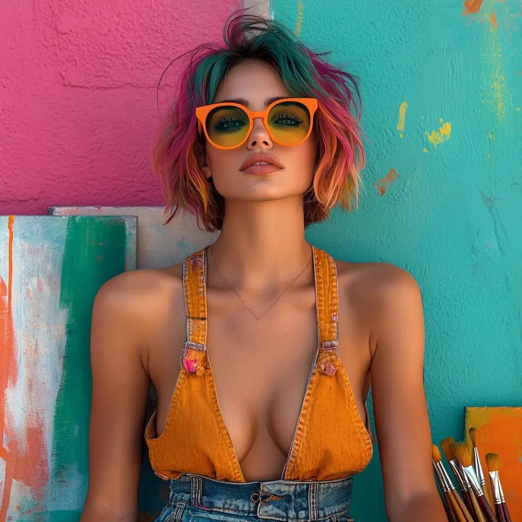 Stylish woman with vibrant colorful hair and trendy sunglasses posing confidently for a photo.