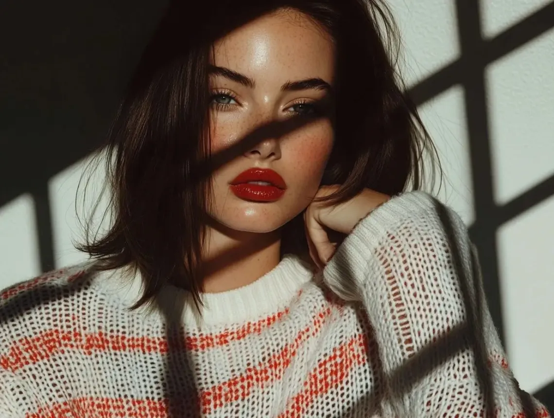 Elegant woman with bold red lipstick contrasting her white and red sweater in a stylish setting.