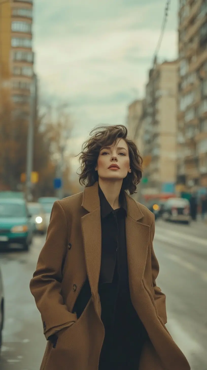 Woman wearing a coat standing on a street with urban buildings in the background.