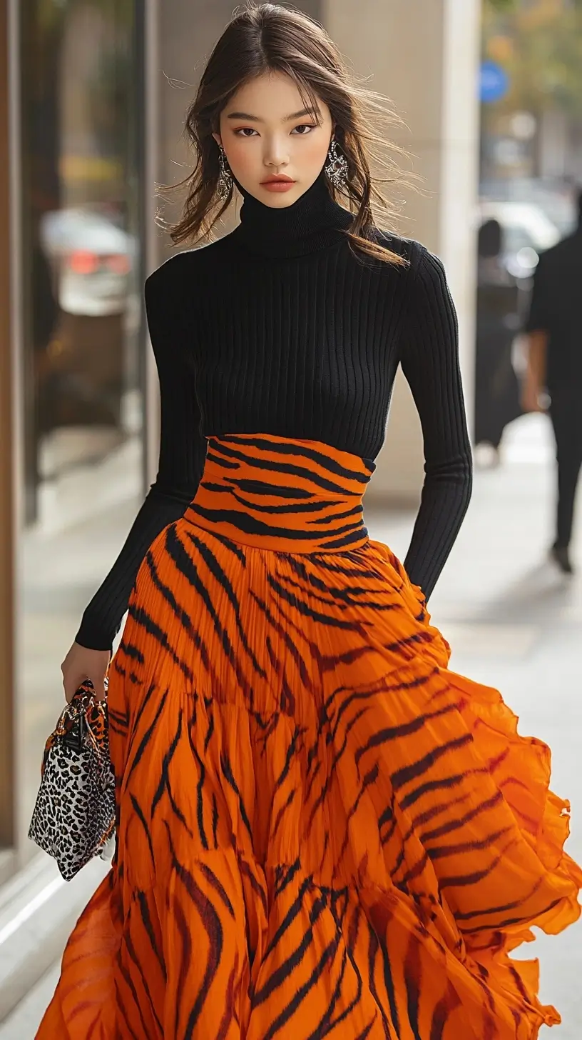 Woman confidently walking down an urban street, wearing a bold tiger print skirt, showcasing style and individuality.