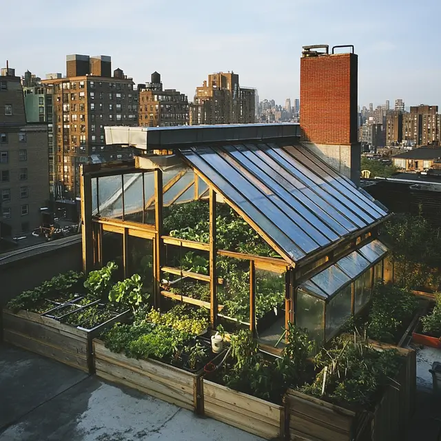 Urban rooftop vegetable garden inside a greenhouse.