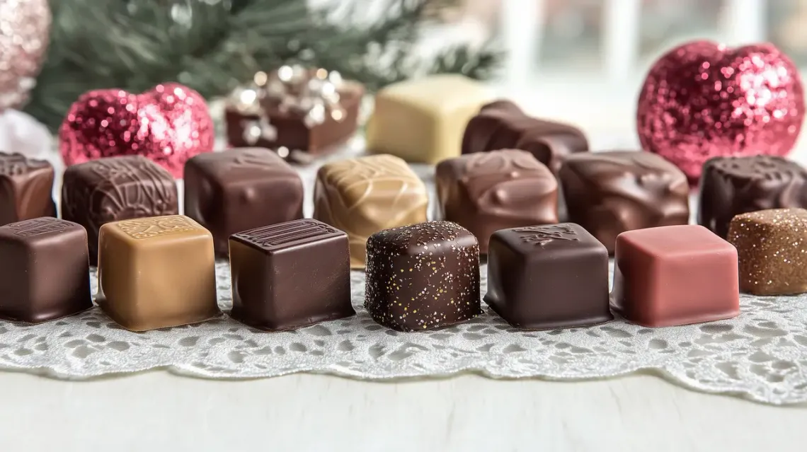 Beautiful Valentine's Day chocolates lined up.