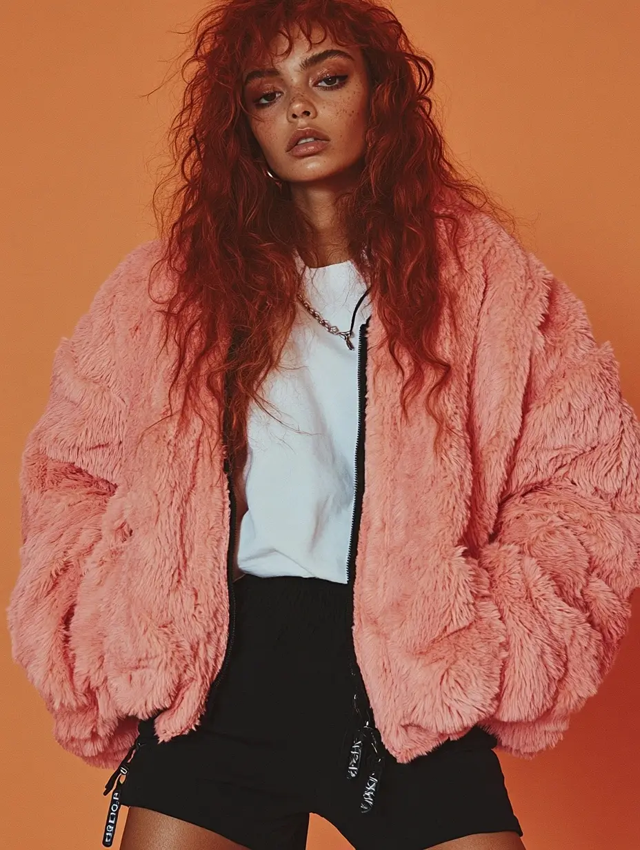 Confident woman with vibrant red hair wearing a stylish pink jacket in a casual, modern setting.