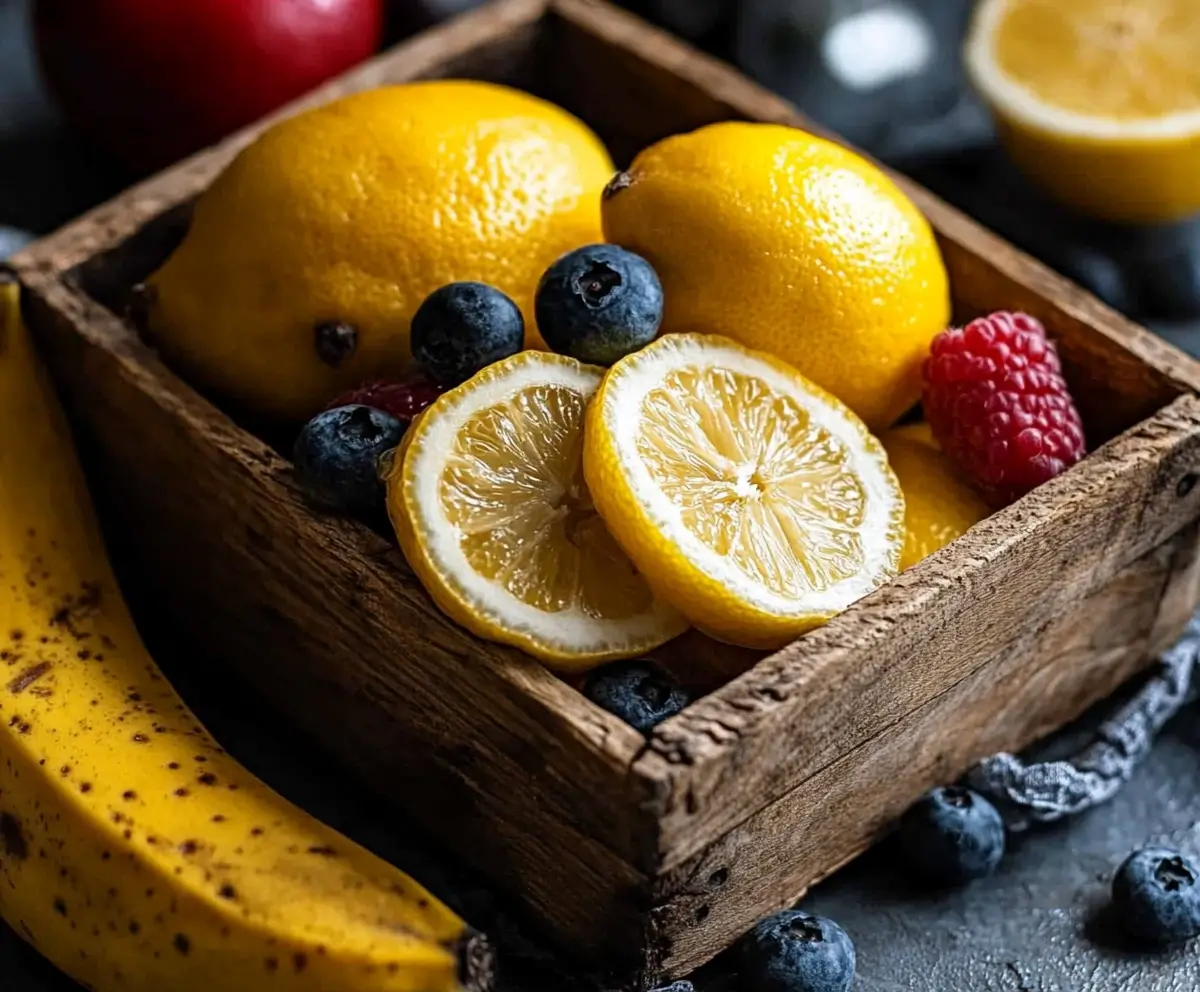 Fresh colorful fruits and berries arranged neatly in a wooden box, with a banana on the side.