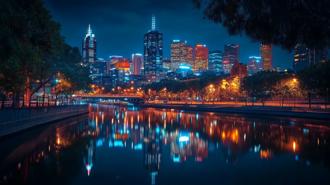 Vibrant city skyline at night with illuminated buildings reflecting off a serene river.