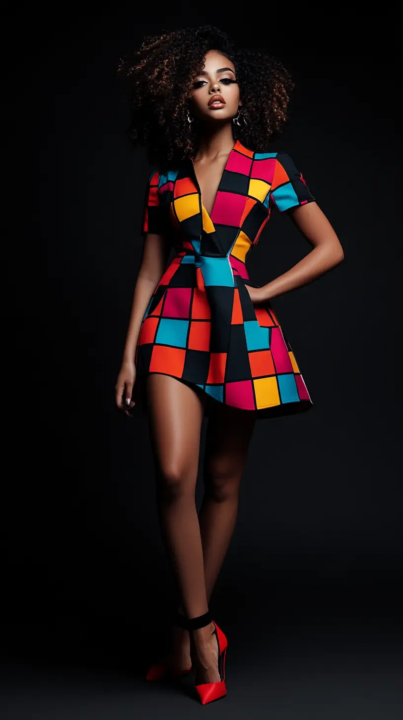 Confident woman in a bright, colorful dress posing with poise and elegance, with a blurred background.