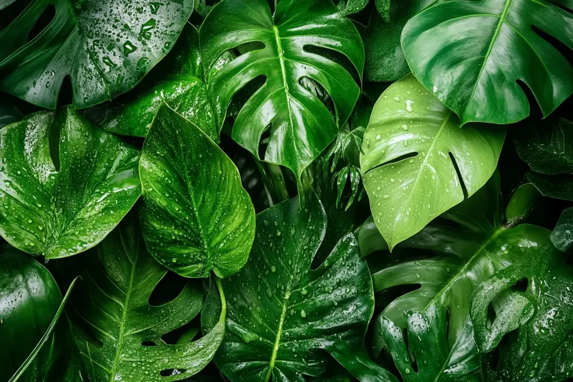 Close-up view of vibrant, healthy green leaves with intricate patterns, symbolizing freshness and growth.