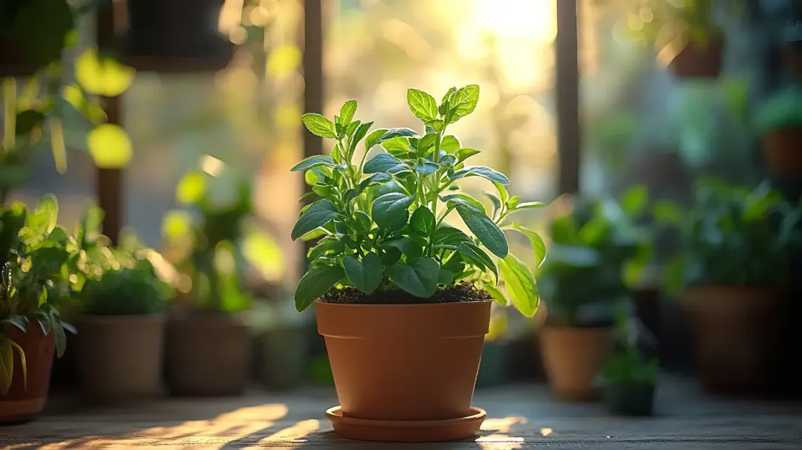 Well-maintained vibrant green potted plant on a table against a neutral background, creating a calm atmosphere.