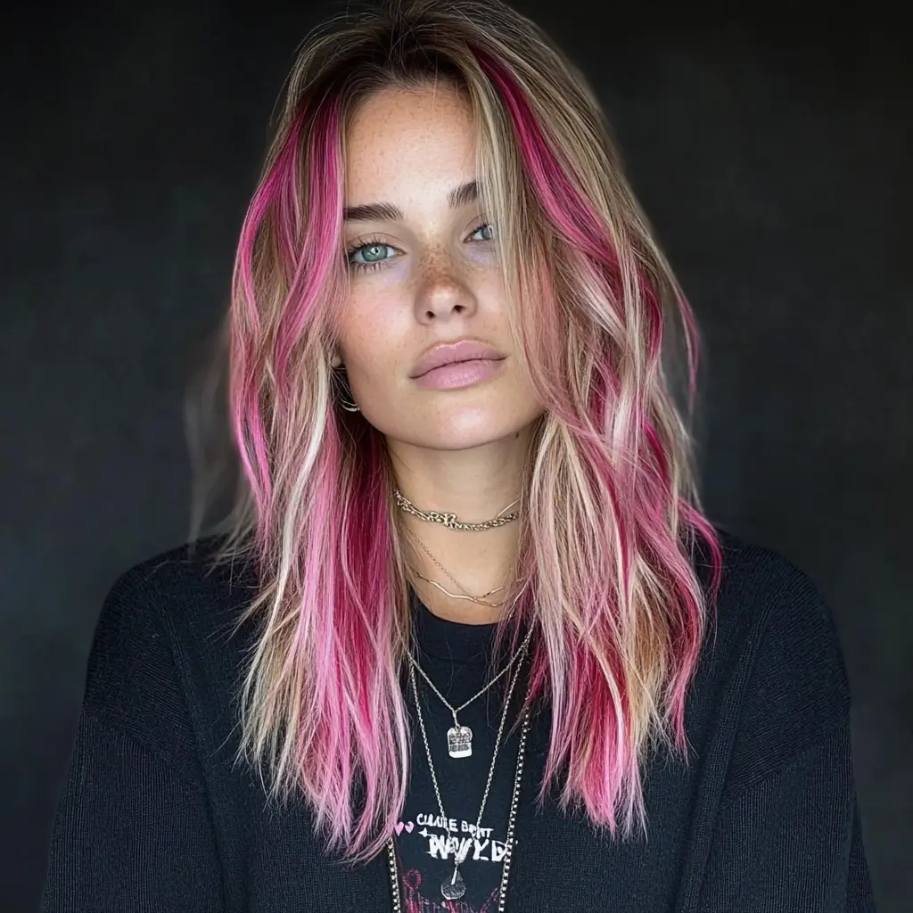 Woman with vibrant pink hair and a black shirt standing out against a neutral background.