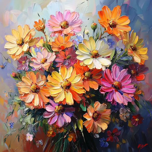 Vibrant oil painting of flowers.