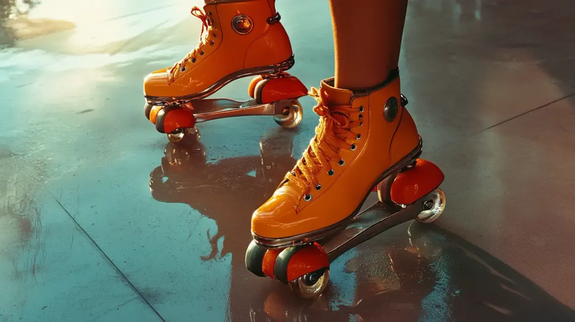 Vibrant orange roller skates on the floor.