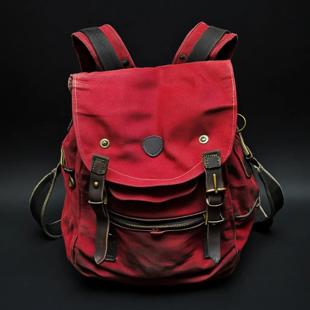 Well-worn red backpack with a black strap and brown handle, displaying signs of use in its vibrant color scheme.