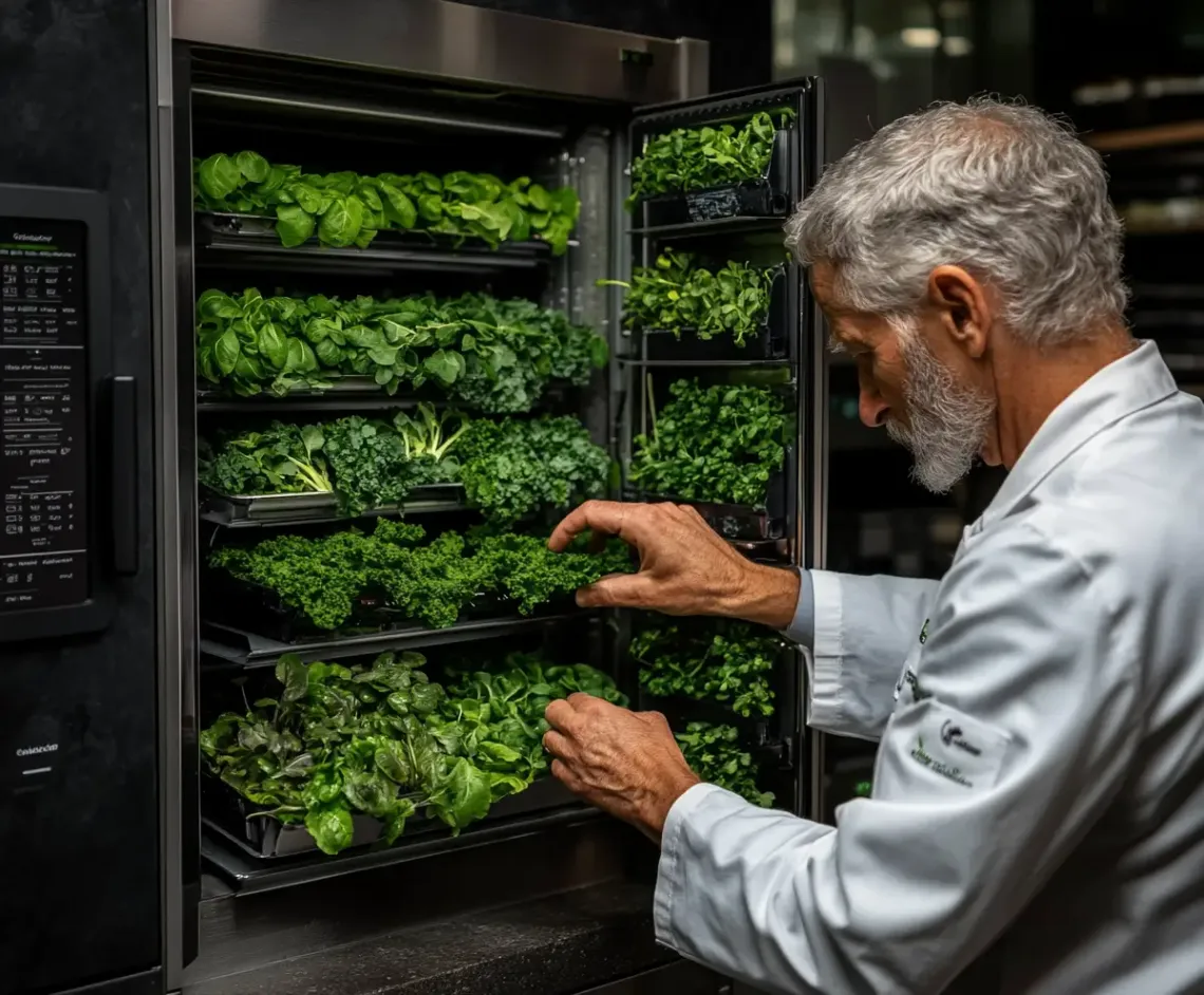 Man in white shirt examining fresh, colorful vegetables in a bright grocery store setting.