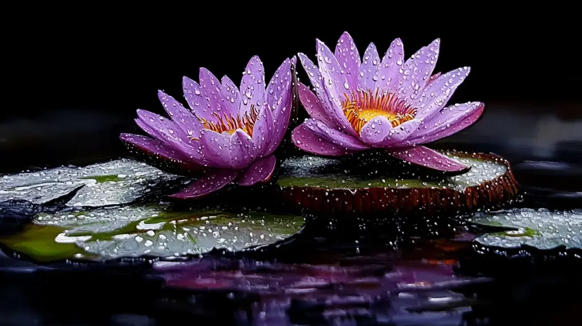 Two vibrant purple water lilies resting in a tranquil body of water, reflecting serene scenery.