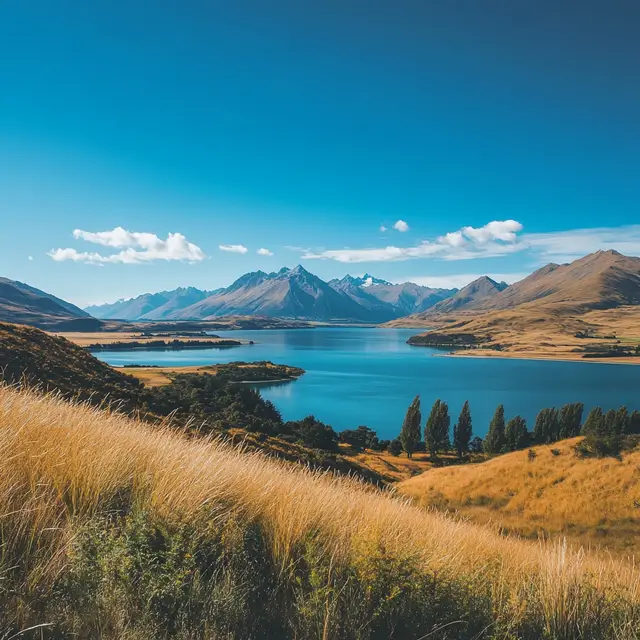 Wide view of a serene lake, surrounded by verdant mountains.