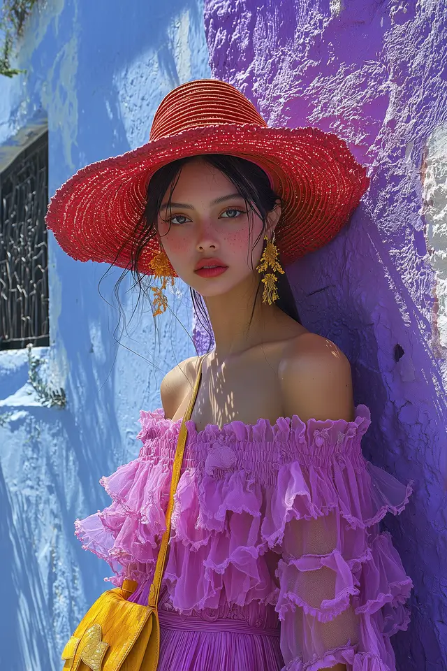 Vogue model in a violet dress standing against a blue backdrop.