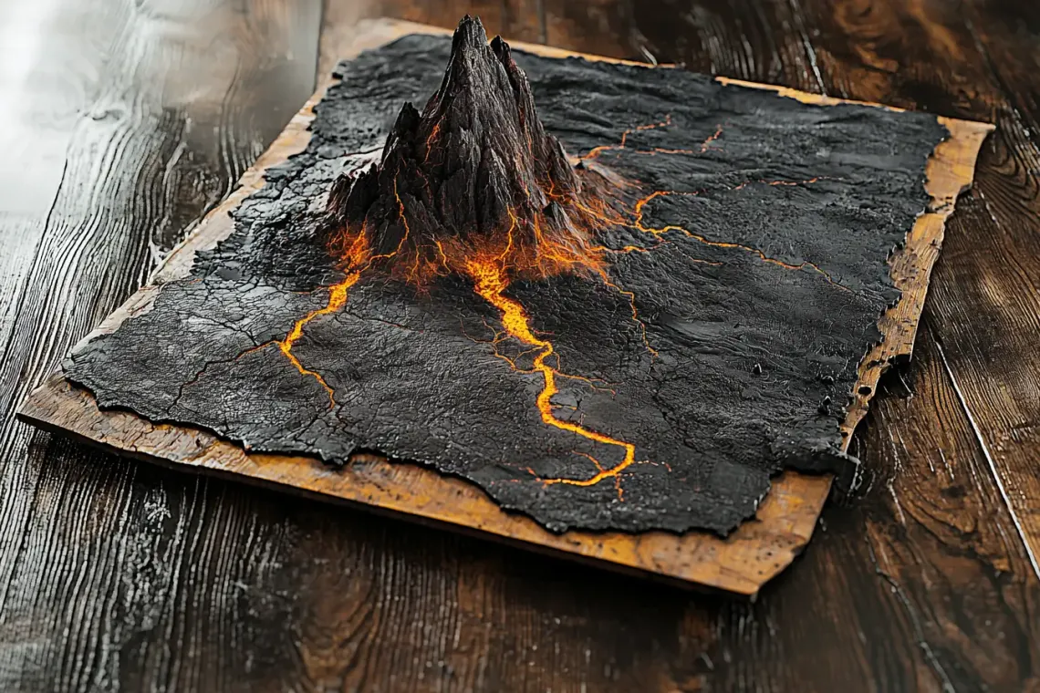 Burnt, fragile paper with a detailed drawing of a smoking, lava-spewing volcano, symbolizing ruin and devastation