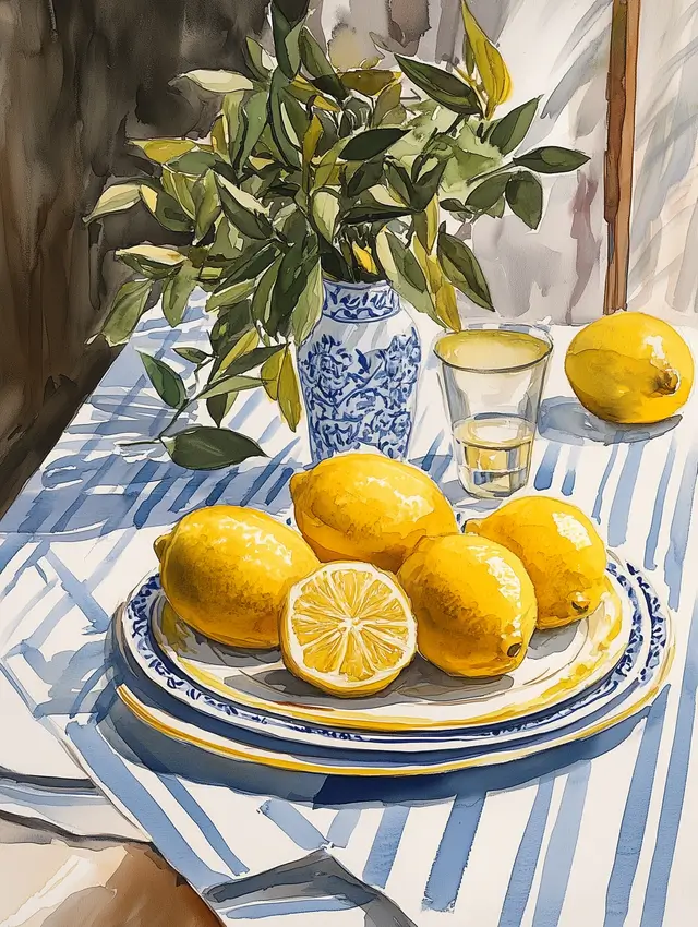 Watercolor painting of a table setting with a lemons.