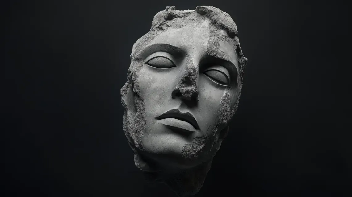 Weathered and damaged Greek stone head, from the Take It Izzy collection.