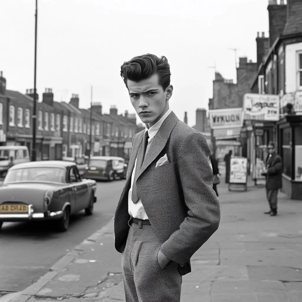 Sophisticated, well-dressed man in a suit standing alone on a clean, paved sidewalk in an urban setting.