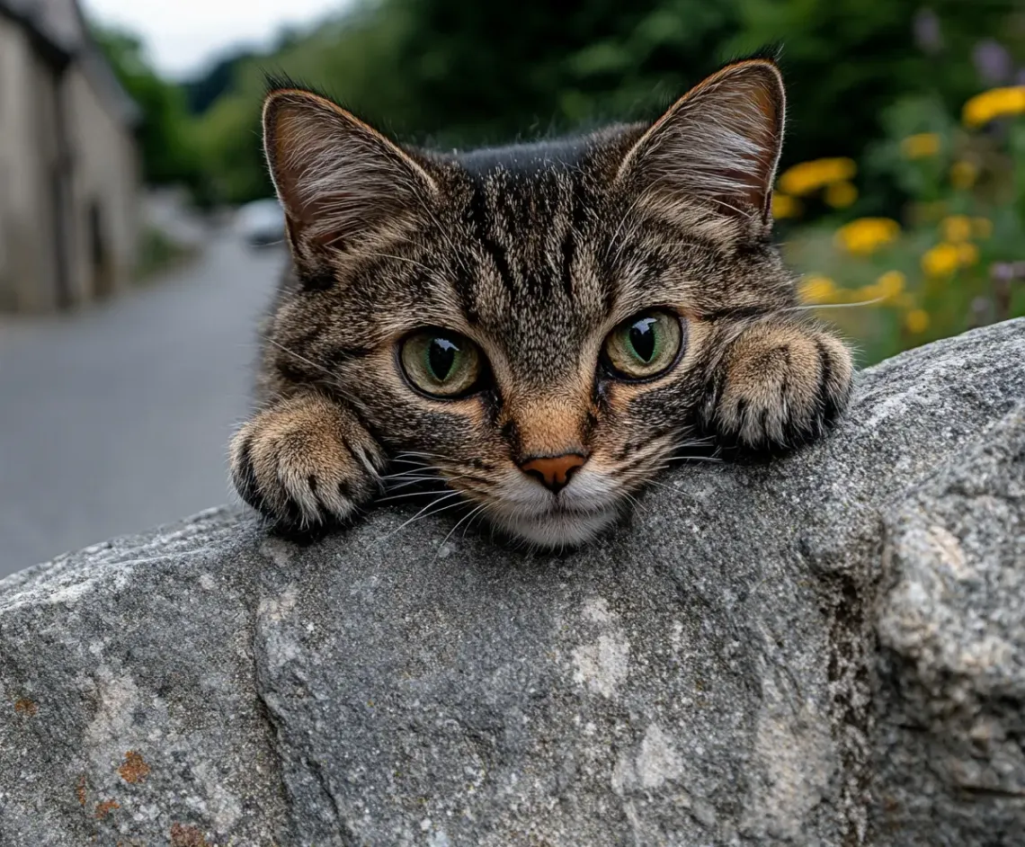 Grey striped cat lounging on a rock in warm sunlight.