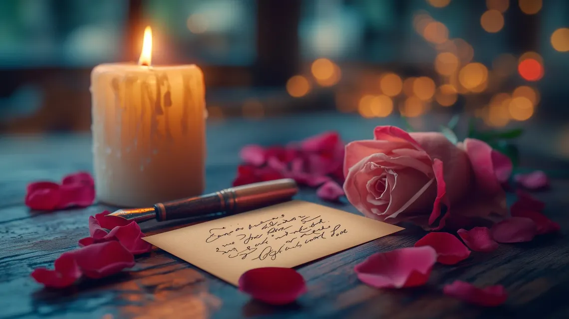 Romantic scene with a lit candle, vibrant rose and a note on a table, suggesting intimacy and thoughtfulness.