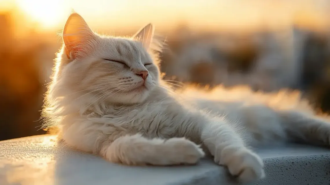 A peaceful white Angora cat resting on a rooftop.