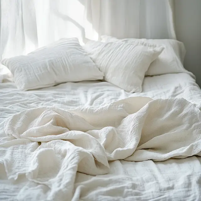 White blanket spread out on a bed in natural daylight.