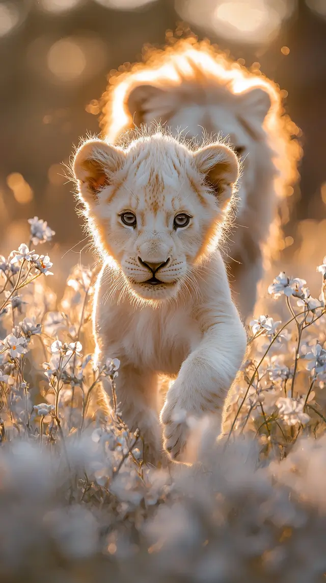 A majestic white lion cub confidently walking forward.