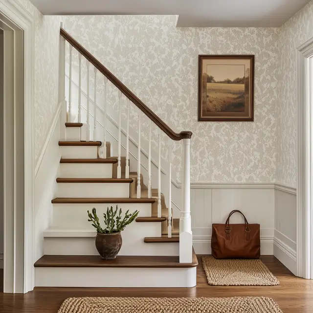 Liu Wenshu's white staircase with matching white wallpaper.