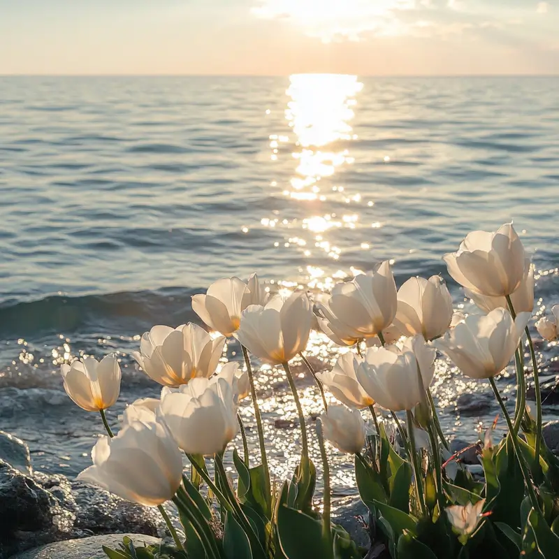 White tulips by the sea with sparkling water and sky in the background.