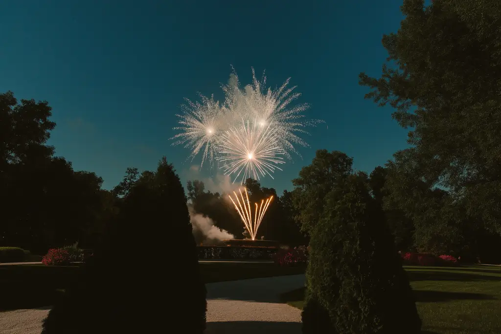 Wide angle far photo of fireworks in the night sky.