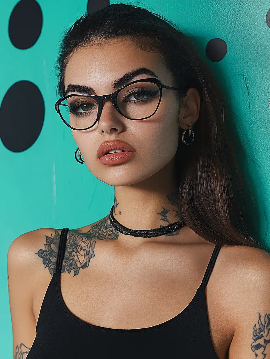 Confident woman with tattoos and glasses posing, with focus on her tattoos and stylish look.