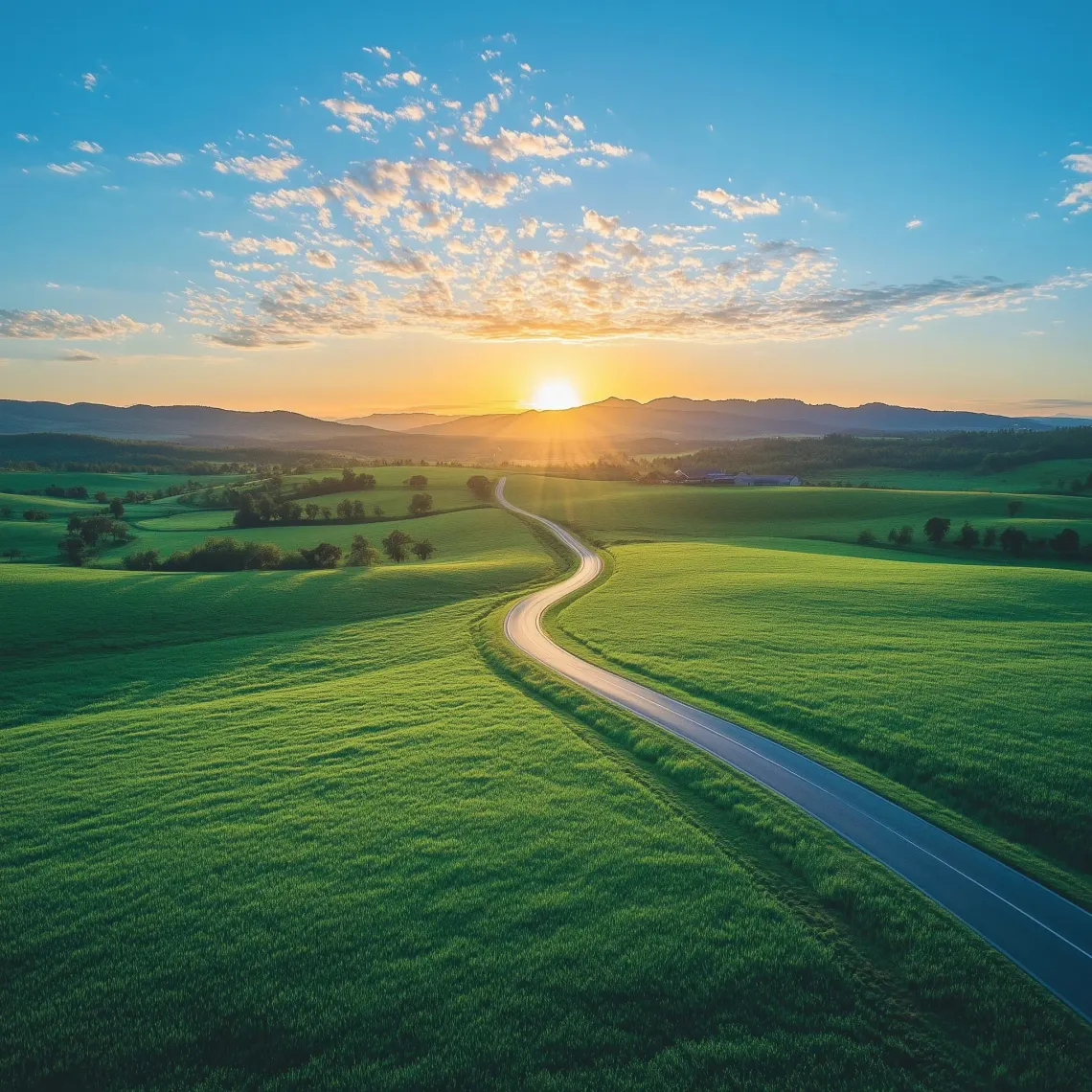 Winding road through a lush green field with a stunning sunset background.