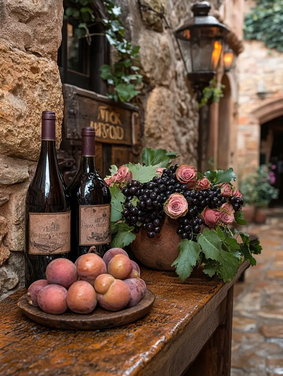 Wooden table adorned with an artful display of fresh fruits and bottles of wine.