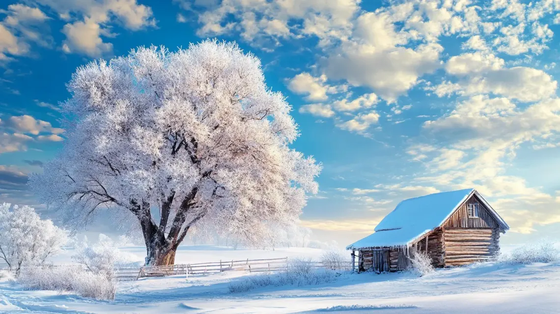 Serene winter scene with a snowy landscape, a charming barn, and a solitary tree standing tall.