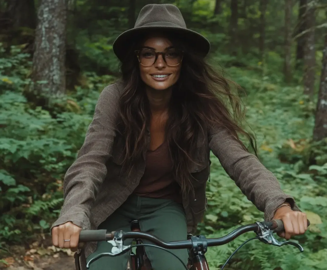 Woman joyfully riding a bike, bathed in dappled sunlight and surrounded by lush greenery.