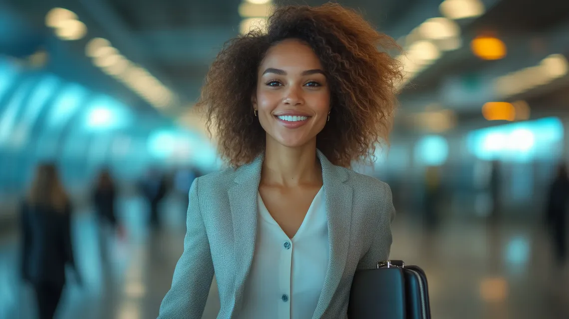 Woman alone in an airport with her suitcase, appearing to be waiting or preparing to travel.