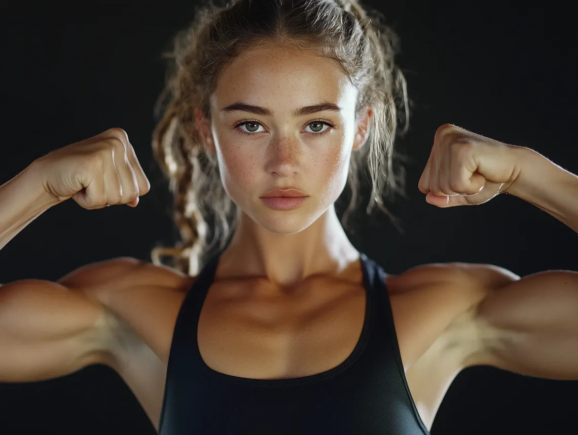 Woman flexing her toned muscles exuding confidence and strength.