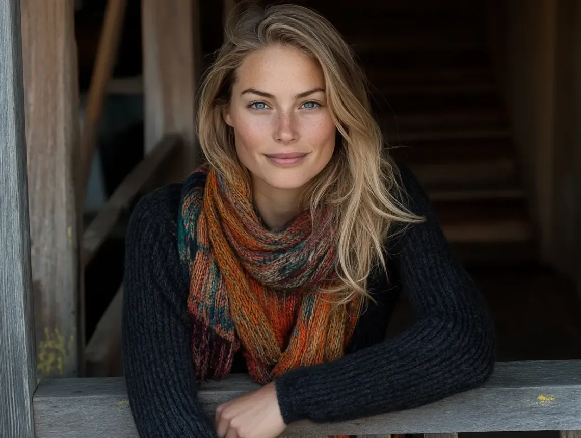 Woman in casual attire leaning on a wooden rail, looking into the distance with a serene expression.