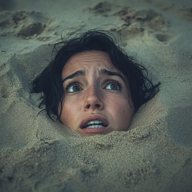 An anxious and worried woman neck deep in sand.