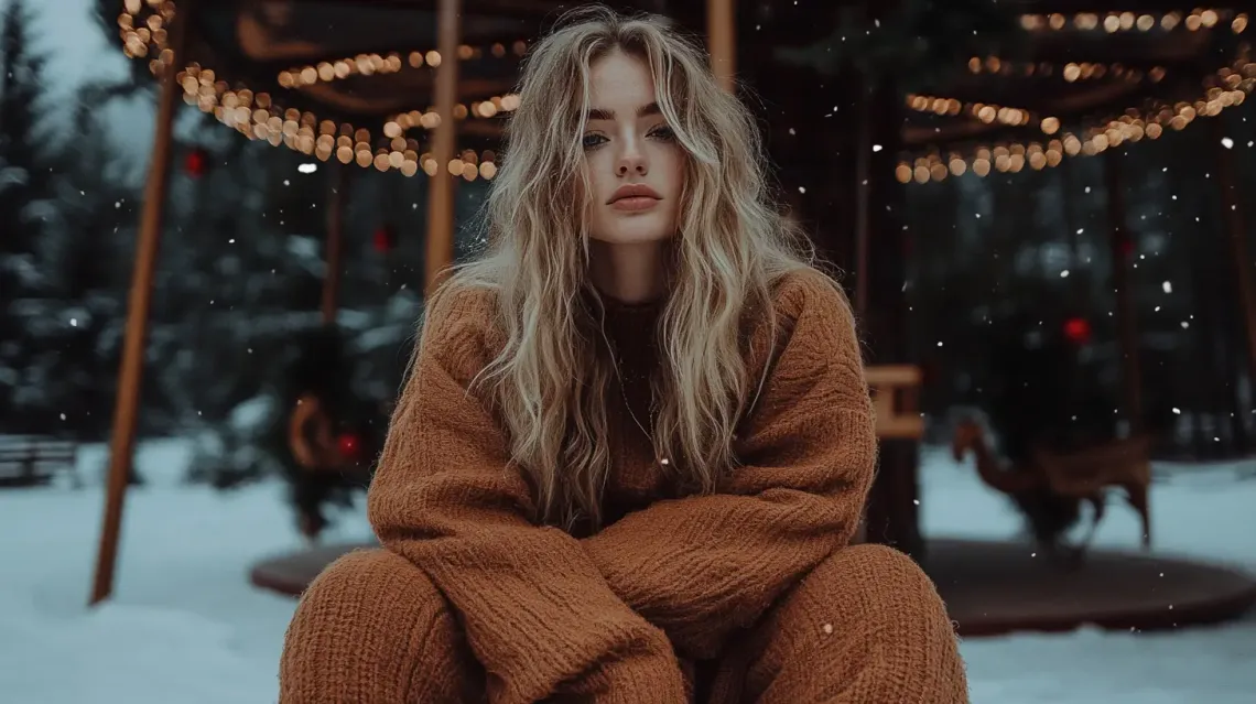 Woman sitting alone in a peaceful, snowy environment, dressed in winter clothes.